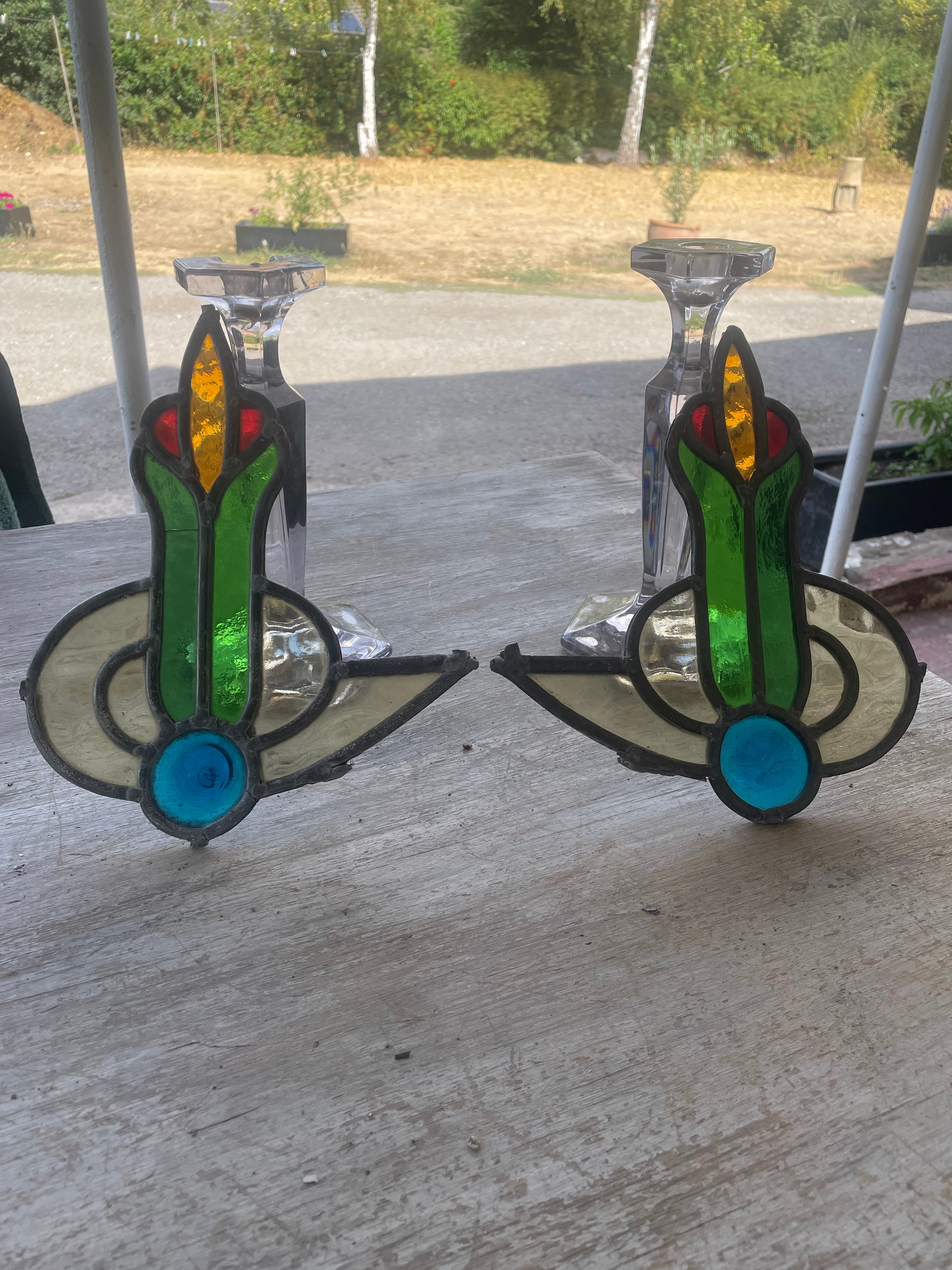 Pair Antique Stained Glass Decorative Inserts c1900 | H26 x W22 each