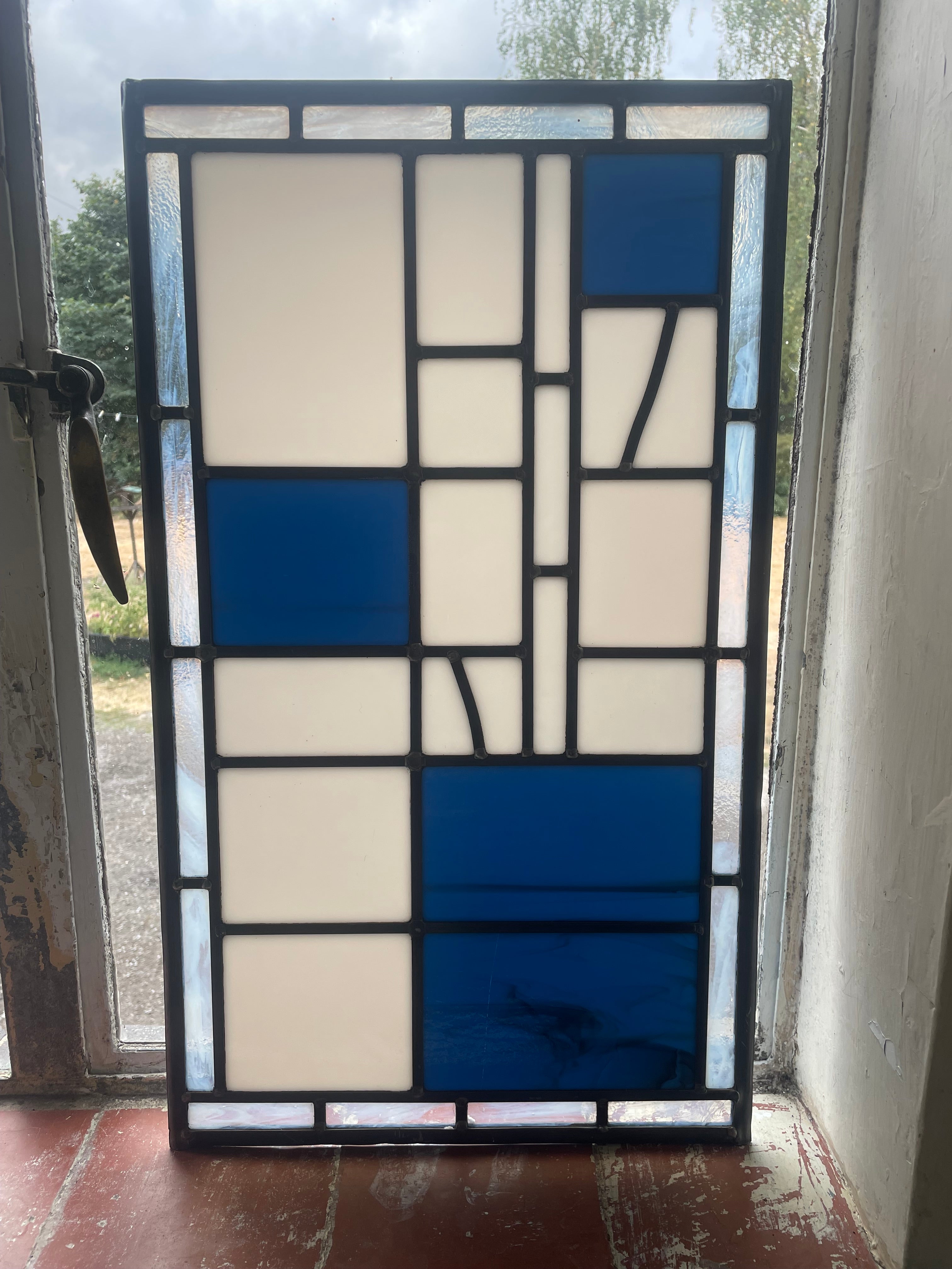Modernist Blue & White Leaded Glass Panel c.1980's