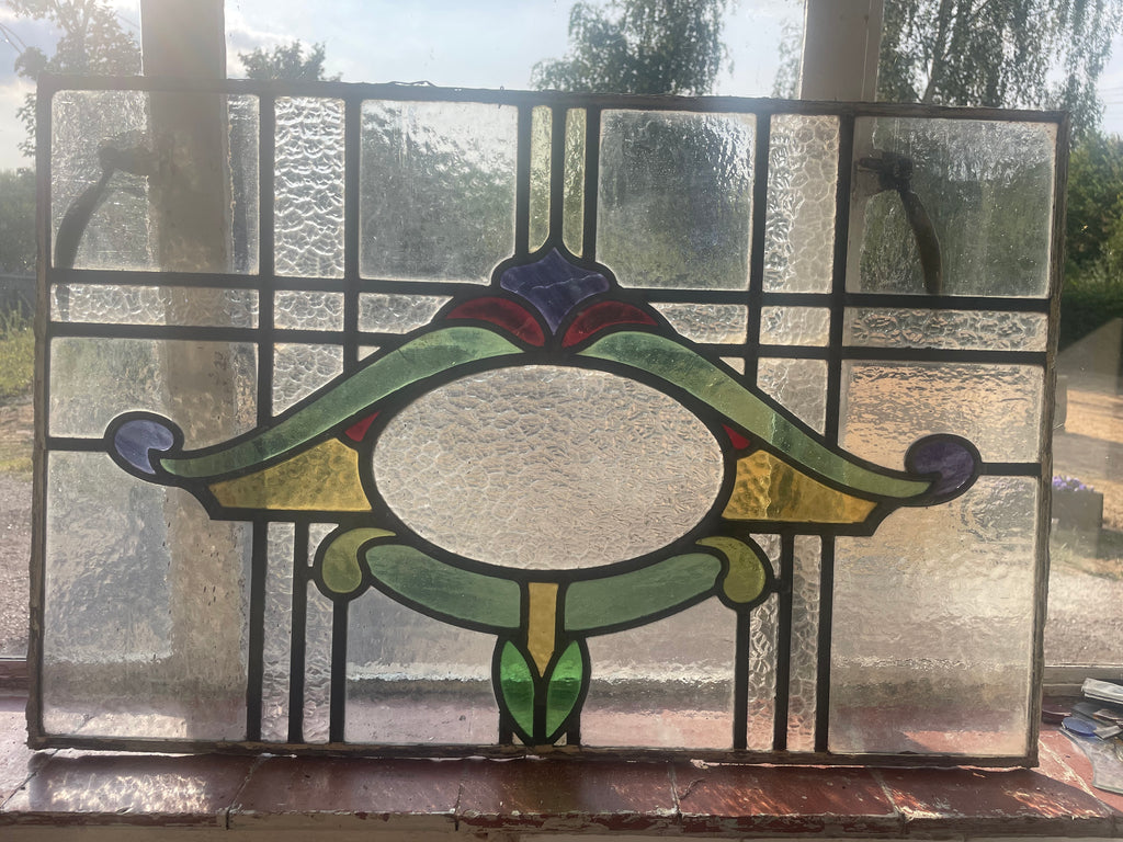 Antique Art Nouveau Stained Glass Panel - Green Amber & Purple | H49 x W76cm