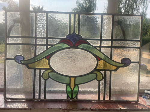 Antique Art Nouveau Stained Glass Panel - Green Amber & Purple | H49 x W76cm