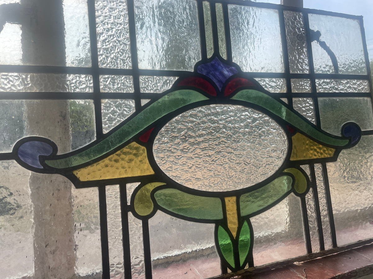 Antique Art Nouveau Stained Glass Panel - Green Amber & Purple | H49 x W76cm