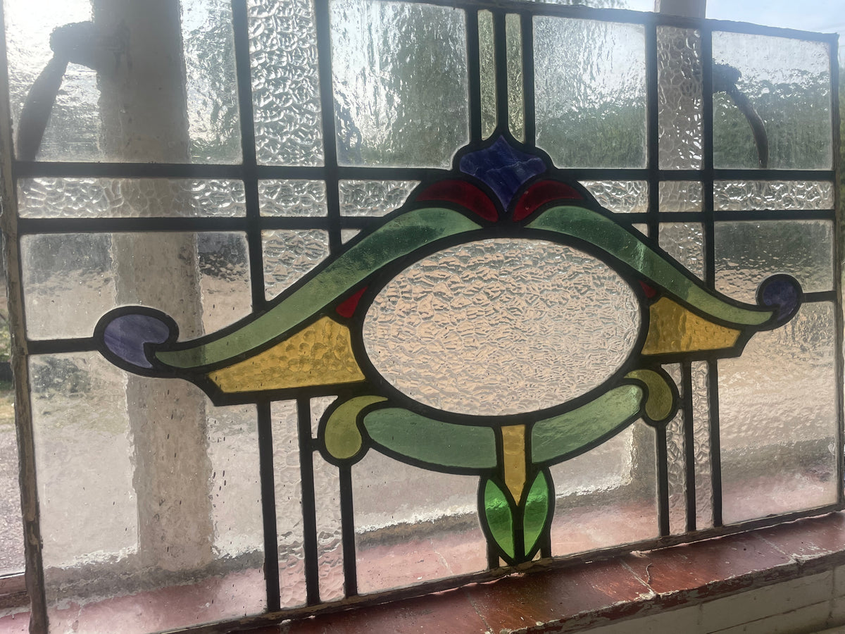 Antique Art Nouveau Stained Glass Panel - Green Amber & Purple | H49 x W76cm