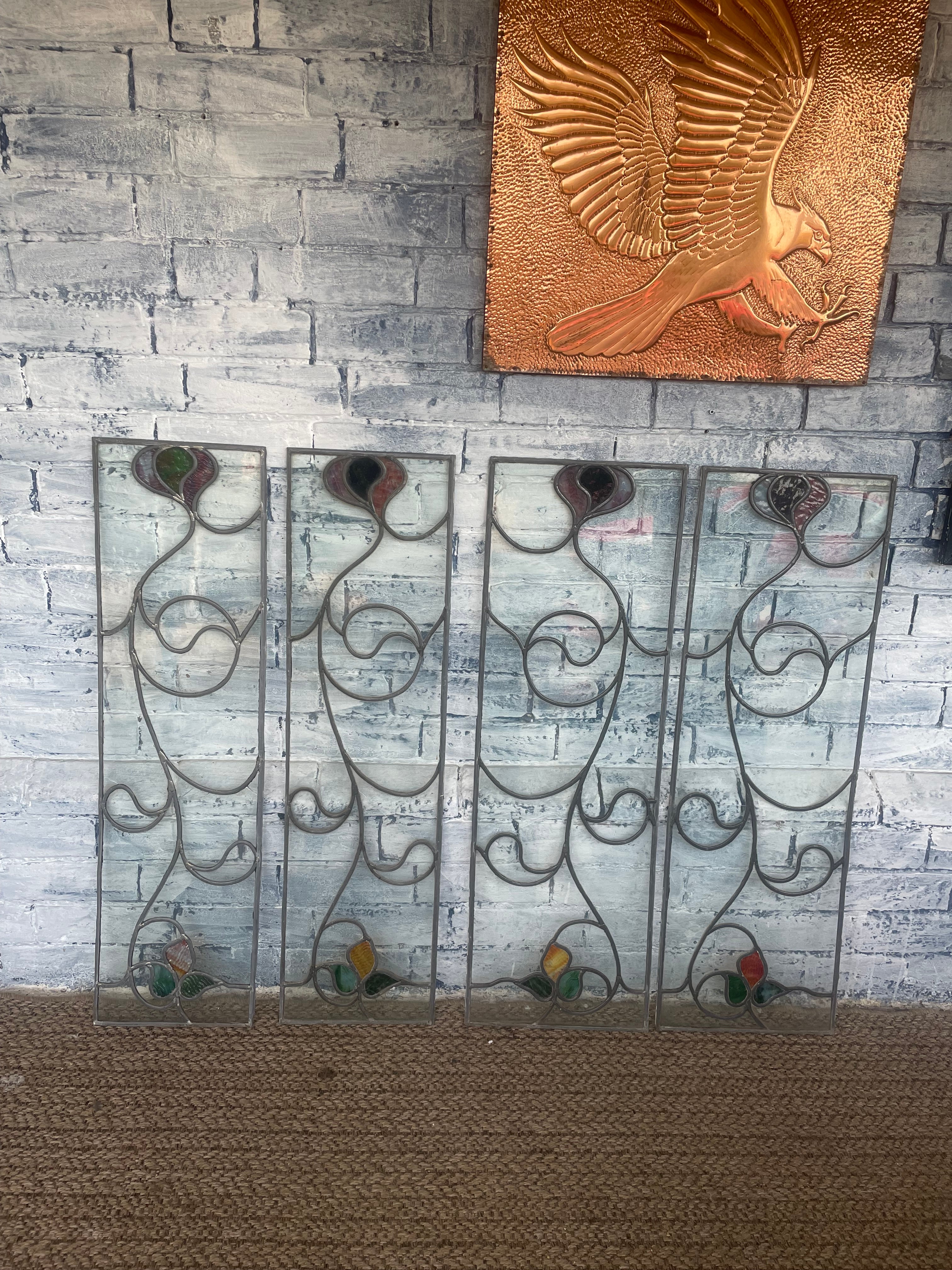 Set of Four Antique Art Nouveau Leaded Glass Panels