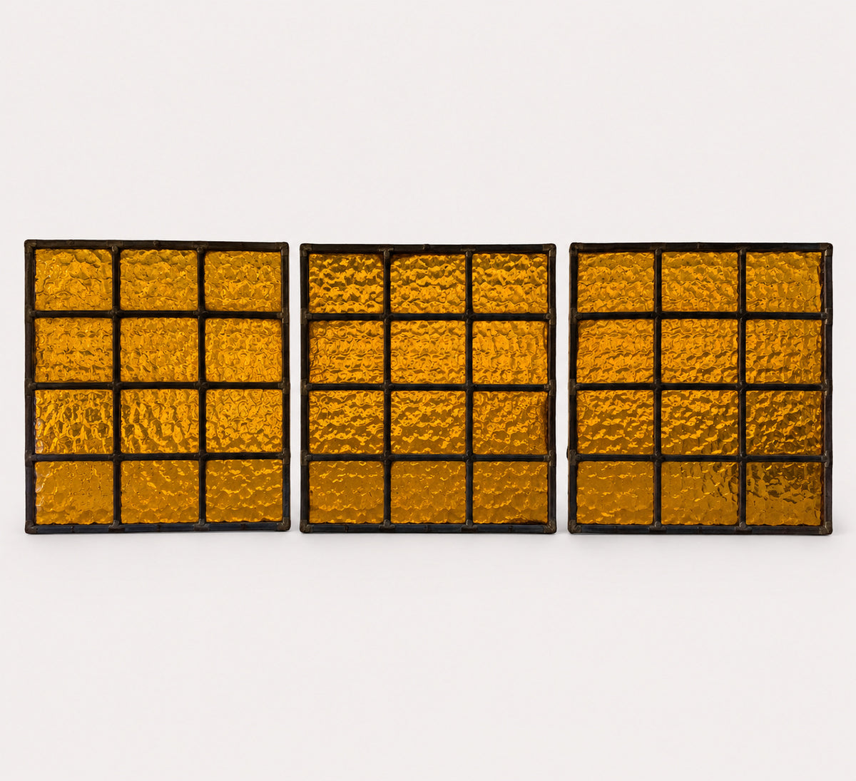 Trio of Antique Amber Leaded Glass Panels c.1900