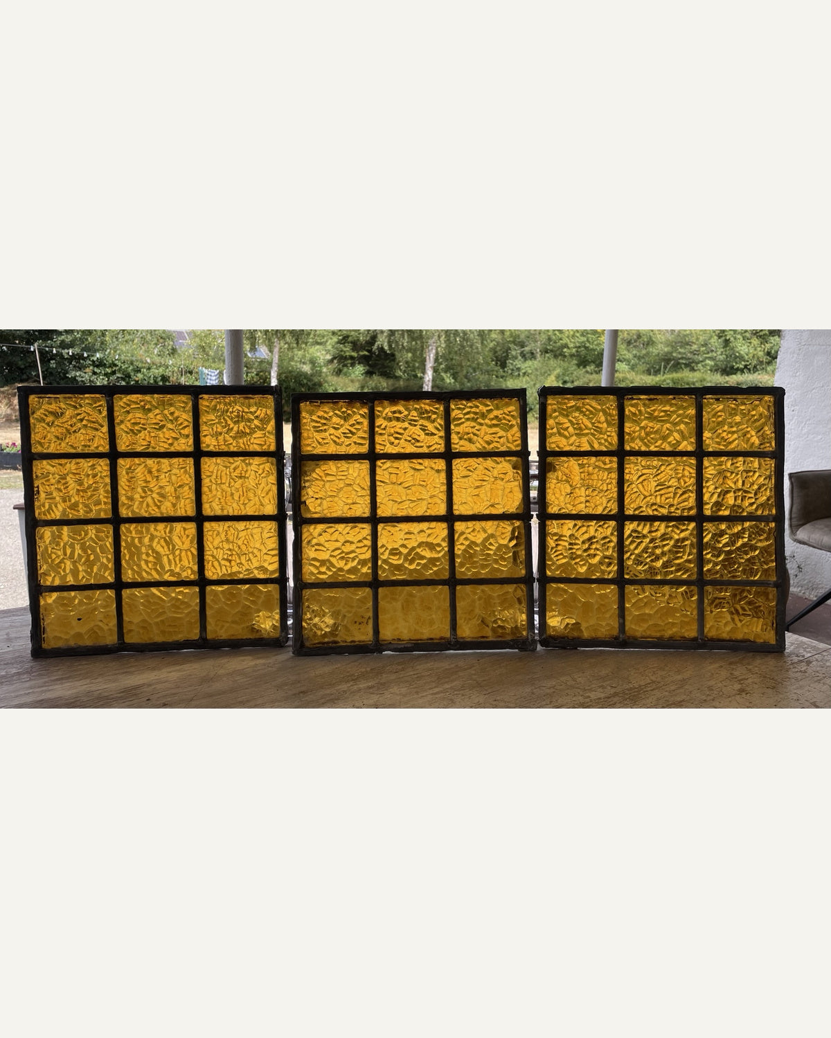 Trio of Antique Amber Textured Leaded Glass Panels c.1900