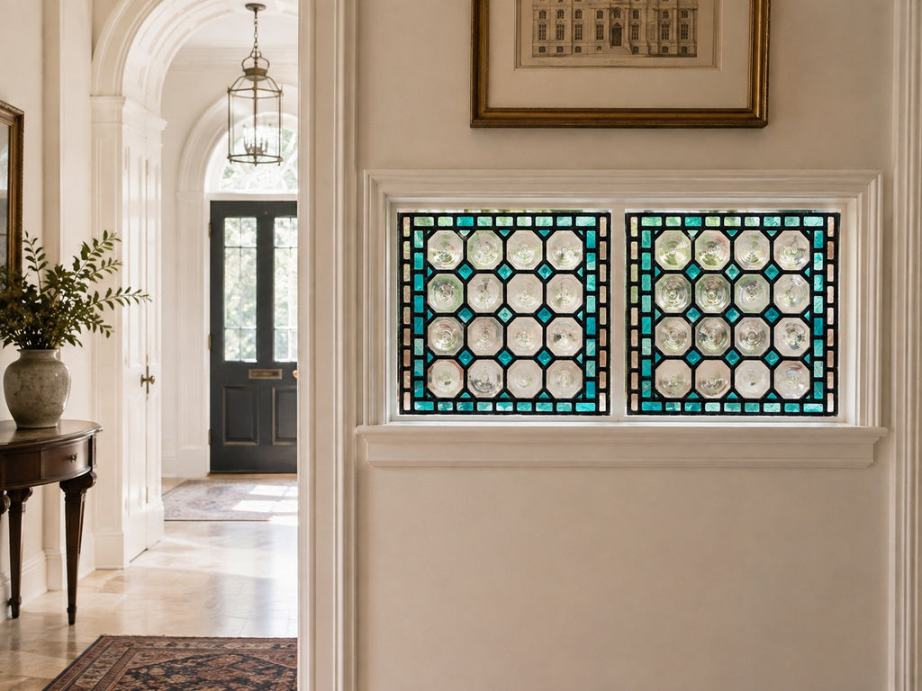 Matched Pair Antique Leaded Glass Panels With Turquoise Glass & Clear Bullesye Roundels