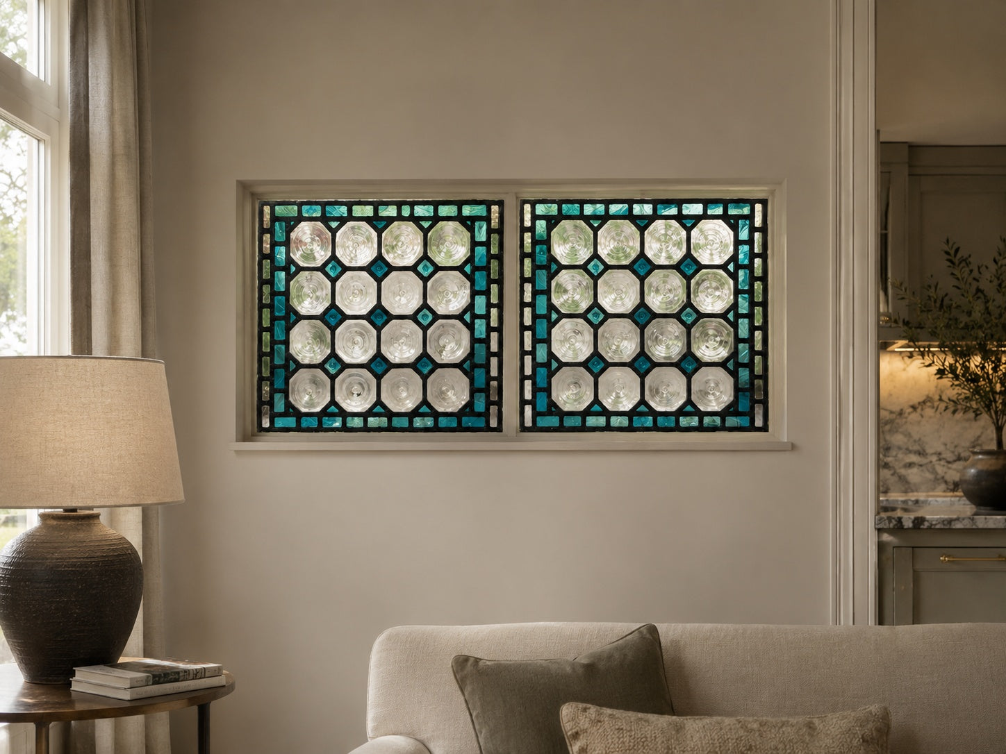 Matched Pair Antique Leaded Glass Panels With Turquoise Glass & Clear Bullesye Roundels