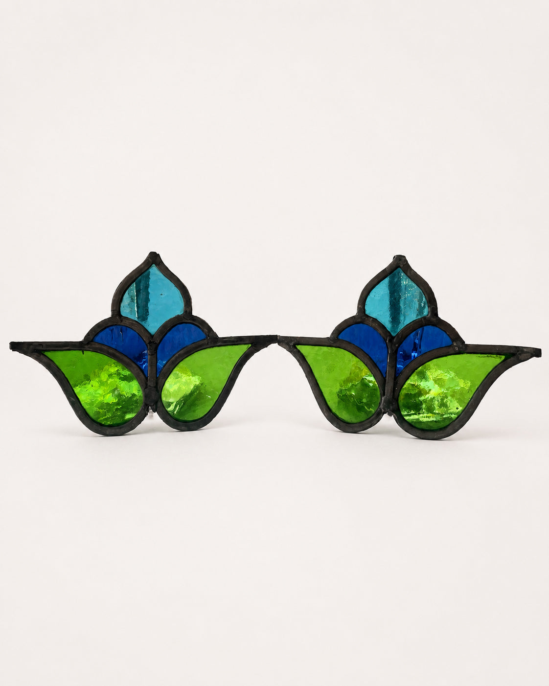 Pair of Antique Art Nouveau Stained Glass Floral Panels - Green, Blue and Turquoise | H12 x W20cm each