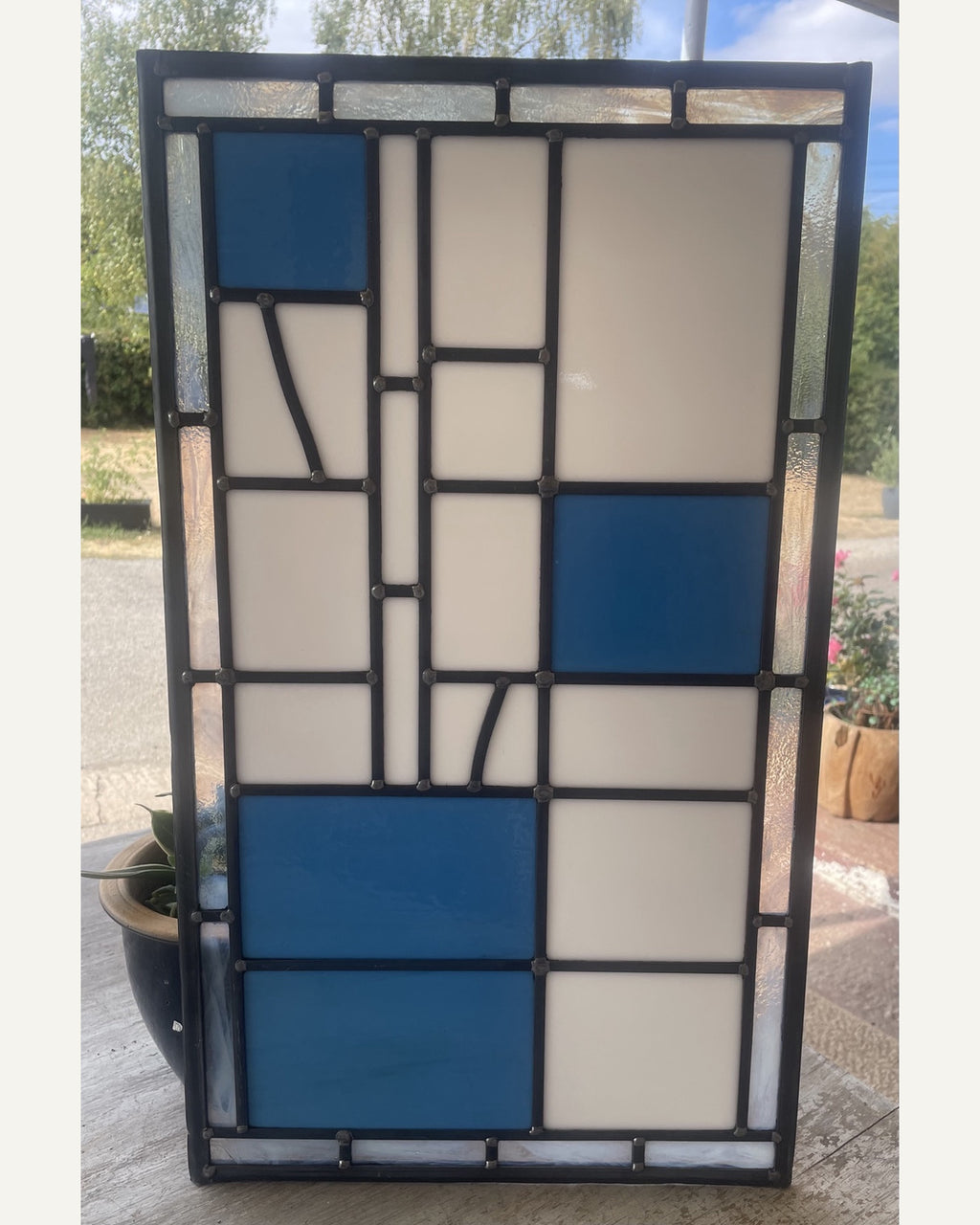 Modernist Geometric Leaded Glass Panel in Blue and White