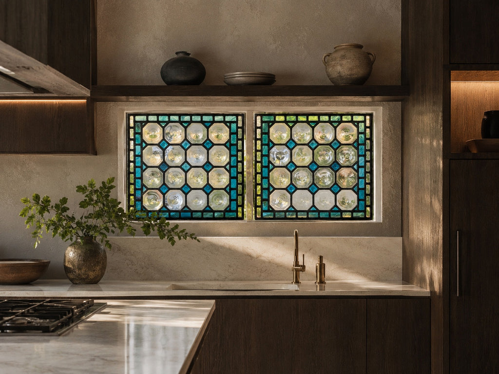 Matched Pair Antique Leaded Glass Panels With Turquoise Glass & Clear Bullesye Roundels