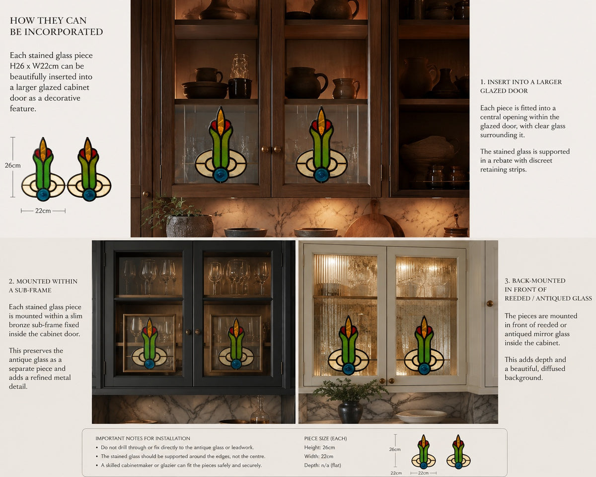 Pair Antique Stained Glass Decorative Inserts c1900 | H26 x W22 each