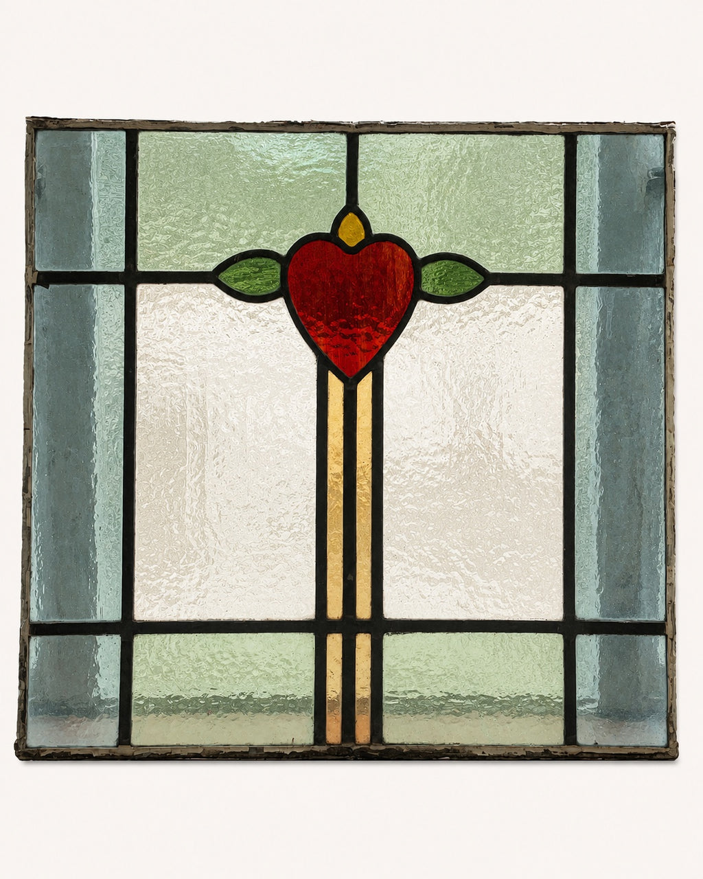 Antique Stained Glass Panel with Red Heart Motif, Arts & Crafts / Art Nouveau | H49 x W54.5cm
