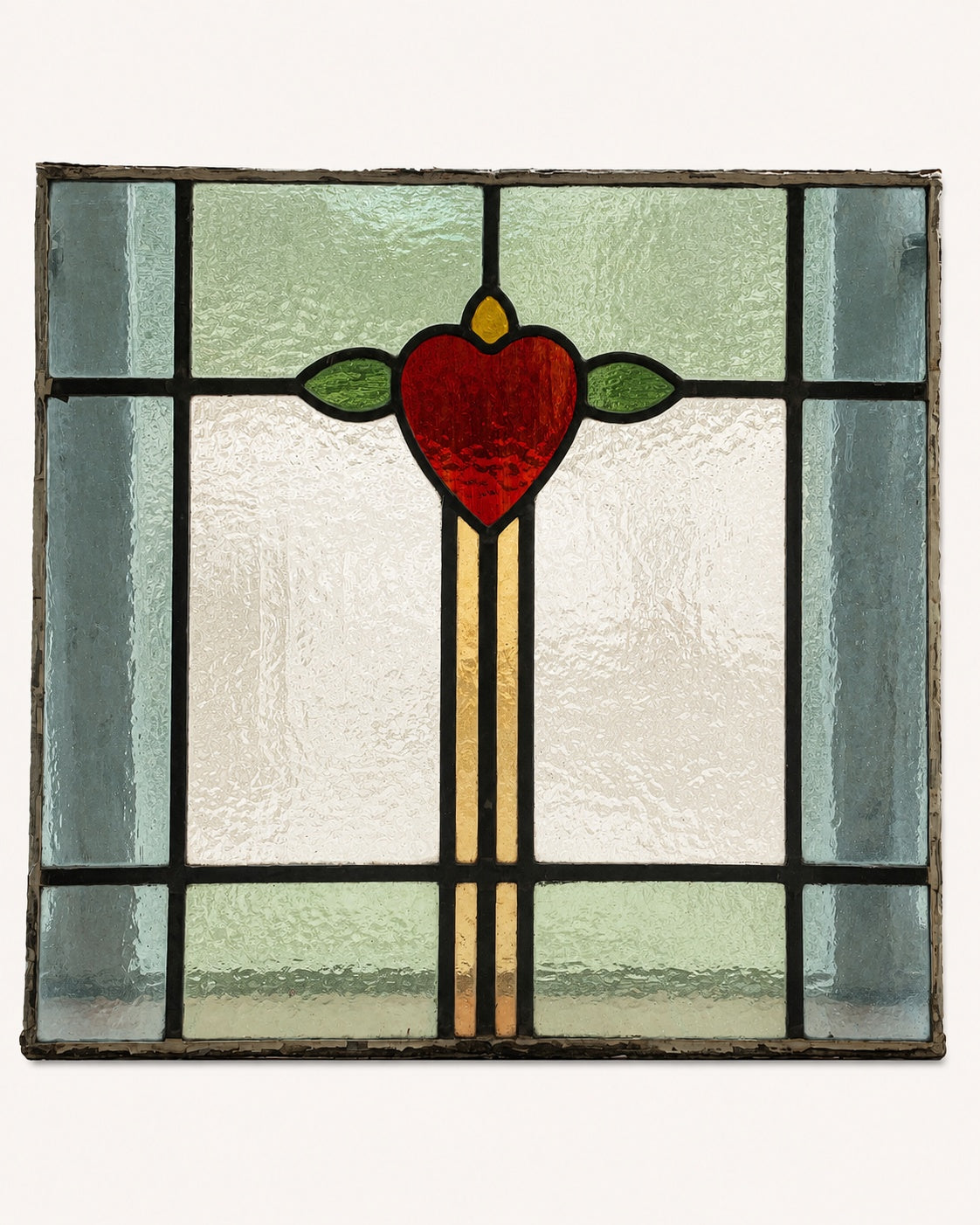 Antique Stained Glass Panel with Red Heart Motif, Arts & Crafts / Art Nouveau | H49 x W54.5cm