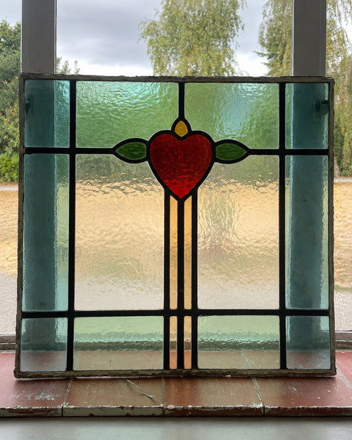 Antique Stained Glass Panel with Red Heart Motif, Arts & Crafts / Art Nouveau | H49 x W54.5cm