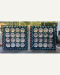 Matched Pair Antique Leaded Glass Panels With Turquoise Glass & Clear Bullesye Roundels