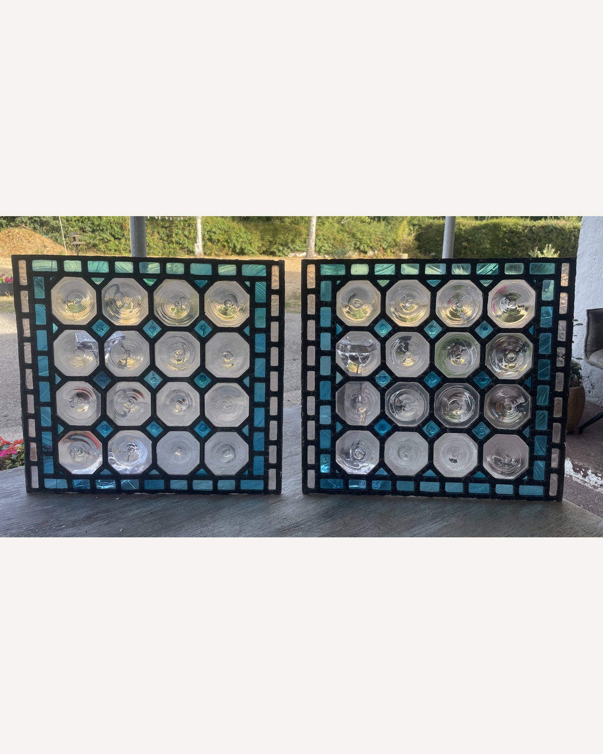 Matched Pair Antique Leaded Glass Panels With Turquoise Glass & Clear Bullesye Roundels